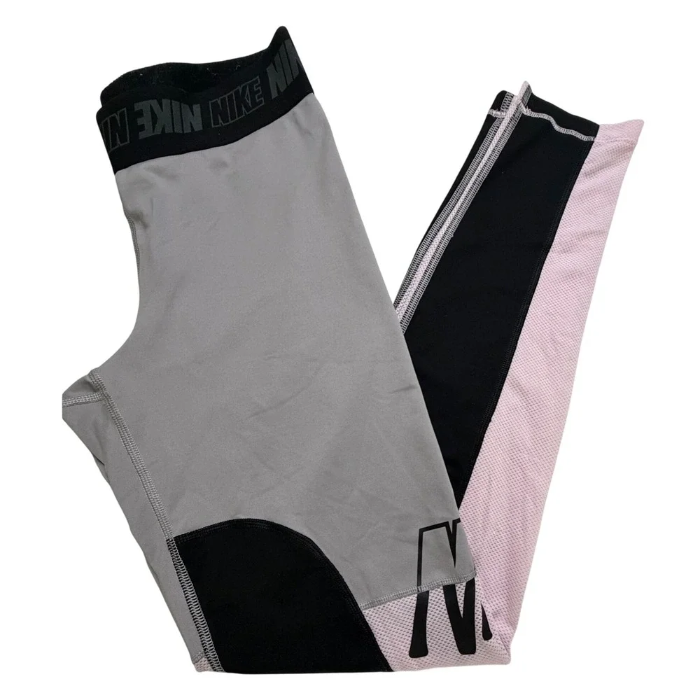 Nike Pro Dri-FIT Leggings Womens Medium Grey Pink Black Colorblock Mesh Tights